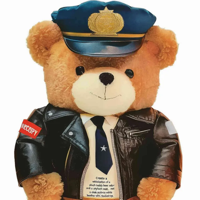 Draw a toy teddy bear wearing a leather jacket and a police cap, with a white background - style2部分