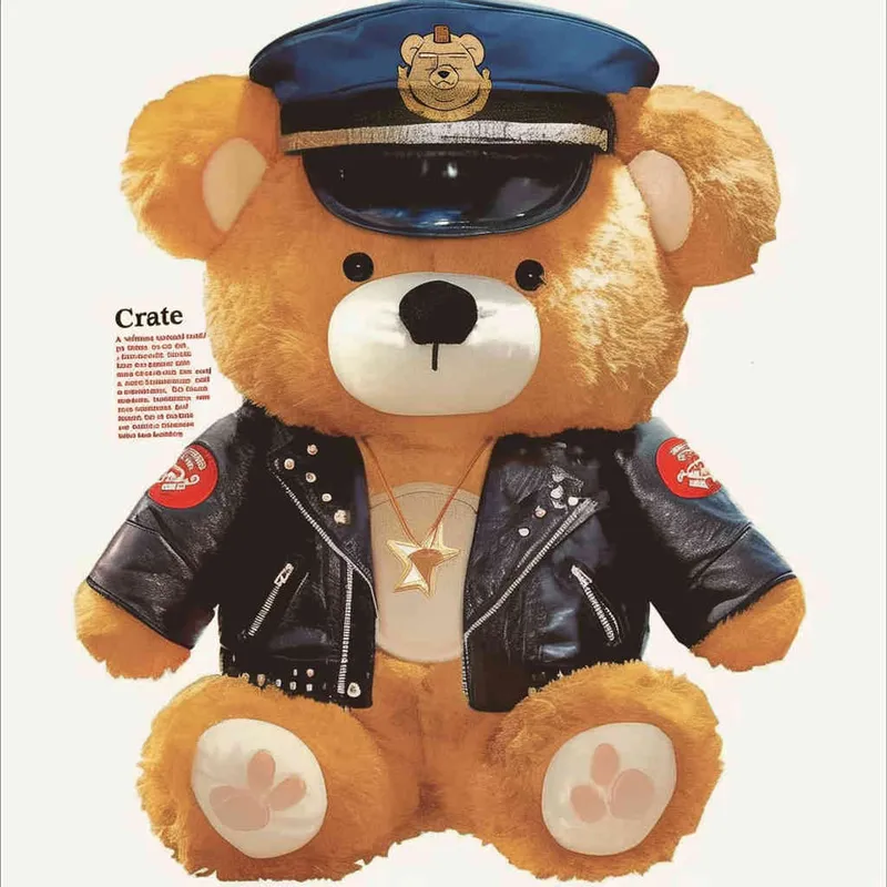 Draw a toy teddy bear wearing a leather jacket and a police cap, with a white background - style3部分