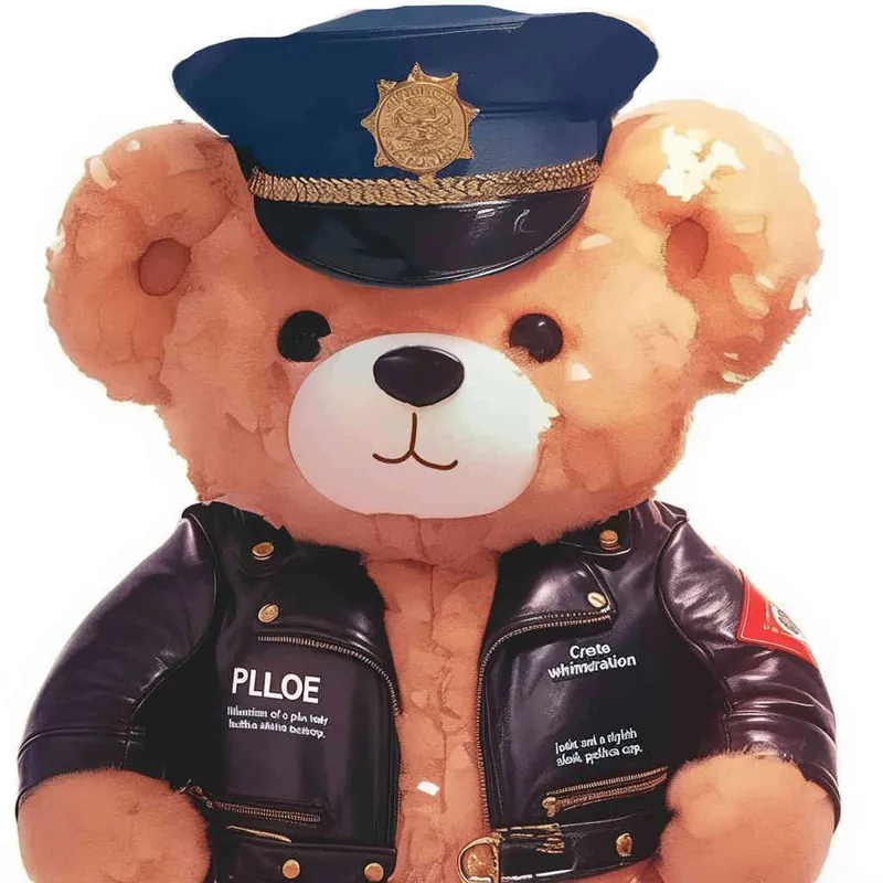 Draw a toy teddy bear wearing a leather jacket and a police cap, with a white background - style4部分