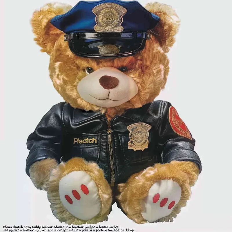 Draw a toy teddy bear wearing a leather jacket and a police cap, with a white background - style1部分