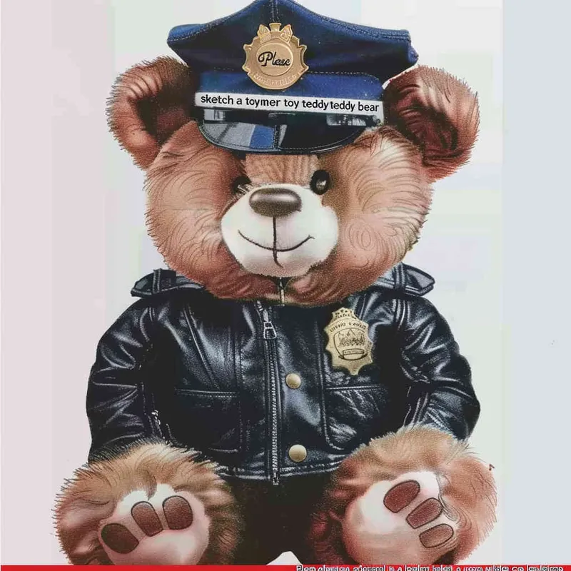 Draw a toy teddy bear wearing a leather jacket and a police cap, with a white background - style2部分