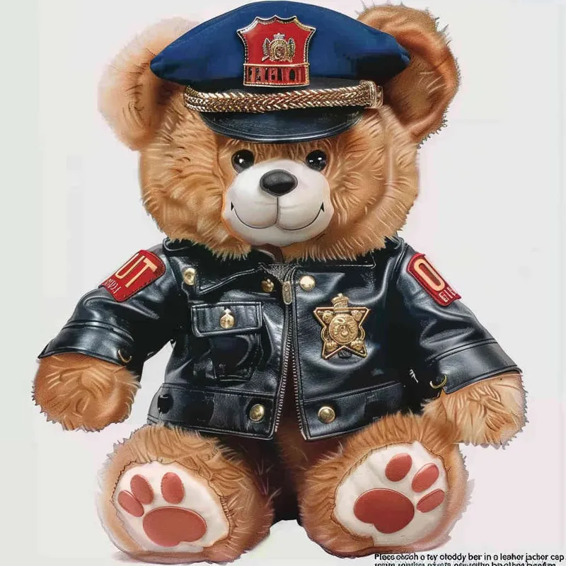 Draw a toy teddy bear wearing a leather jacket and a police cap, with a white background - style3部分