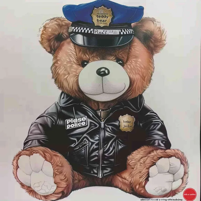 Draw a toy teddy bear wearing a leather jacket and a police cap, with a white background - style4部分