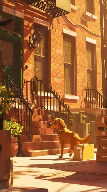Pixar style, Disney Style, 3D design, C4D modeling,  The delivery dog, with a package securely in its mouth, emerges from the bustling delivery center. Its tail wags excitedly as it steps onto the sidewalk, ready to embark on its journey. The morning sun casts a warm glow on the scene, highlighting the dog's eager expression and the colorful surroundings, using a wide-angle lens to capture the dynamic street scene with crisp details, LivelyAtmosphere, Blender, OC Renderer, High Detail, High Quality， --cref https://znrpa-s-1254076648.cos.accelerate.myqcloud.com/ai/thumb-mj-%5B33%5D-debbba5b-7.png --cw 0 --ar 16:9 --v 6 - style1部分