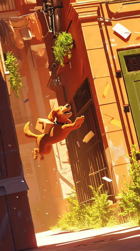 Pixar style, Disney Style, 3D design, C4D modeling,  The delivery dog, with a package securely in its mouth, emerges from the bustling delivery center. Its tail wags excitedly as it steps onto the sidewalk, ready to embark on its journey. The morning sun casts a warm glow on the scene, highlighting the dog's eager expression and the colorful surroundings, using a wide-angle lens to capture the dynamic street scene with crisp details, LivelyAtmosphere, Blender, OC Renderer, High Detail, High Quality， --cref https://znrpa-s-1254076648.cos.accelerate.myqcloud.com/ai/thumb-mj-%5B33%5D-debbba5b-7.png --cw 0 --ar 16:9 --v 6 - style2部分