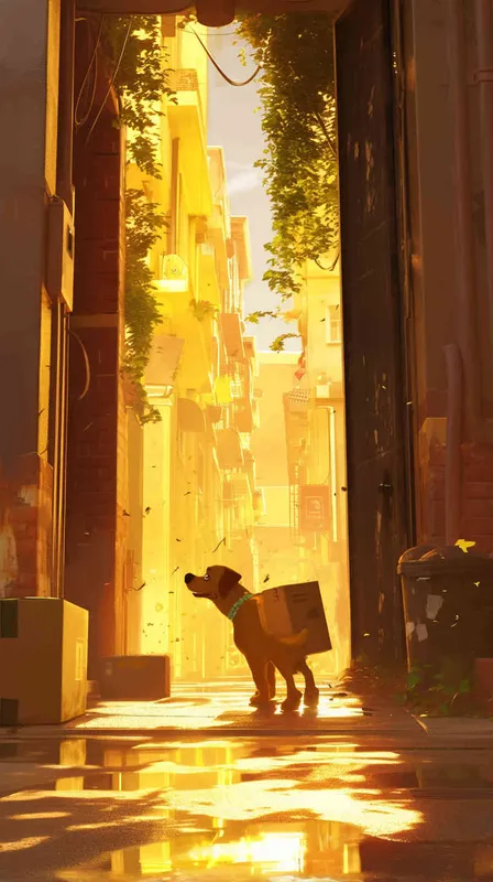Pixar style, Disney Style, 3D design, C4D modeling,  The delivery dog, with a package securely in its mouth, emerges from the bustling delivery center. Its tail wags excitedly as it steps onto the sidewalk, ready to embark on its journey. The morning sun casts a warm glow on the scene, highlighting the dog's eager expression and the colorful surroundings, using a wide-angle lens to capture the dynamic street scene with crisp details, LivelyAtmosphere, Blender, OC Renderer, High Detail, High Quality， --cref https://znrpa-s-1254076648.cos.accelerate.myqcloud.com/ai/thumb-mj-%5B33%5D-debbba5b-7.png --cw 0 --ar 16:9 --v 6 - style3部分