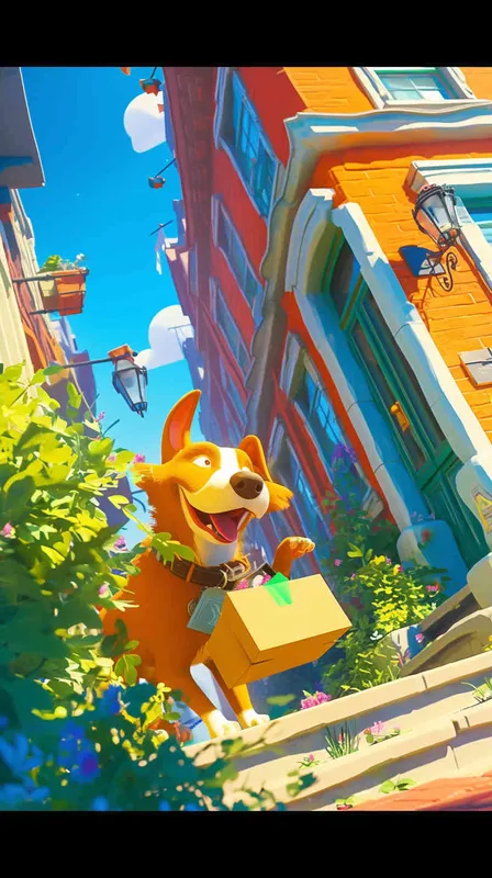 Pixar style, Disney Style, 3D design, C4D modeling,  The delivery dog, with a package securely in its mouth, emerges from the bustling delivery center. Its tail wags excitedly as it steps onto the sidewalk, ready to embark on its journey. The morning sun casts a warm glow on the scene, highlighting the dog's eager expression and the colorful surroundings, using a wide-angle lens to capture the dynamic street scene with crisp details, LivelyAtmosphere, Blender, OC Renderer, High Detail, High Quality， --cref https://znrpa-s-1254076648.cos.accelerate.myqcloud.com/ai/thumb-mj-%5B33%5D-debbba5b-7.png --cw 0 --ar 16:9 --v 6 - style4部分