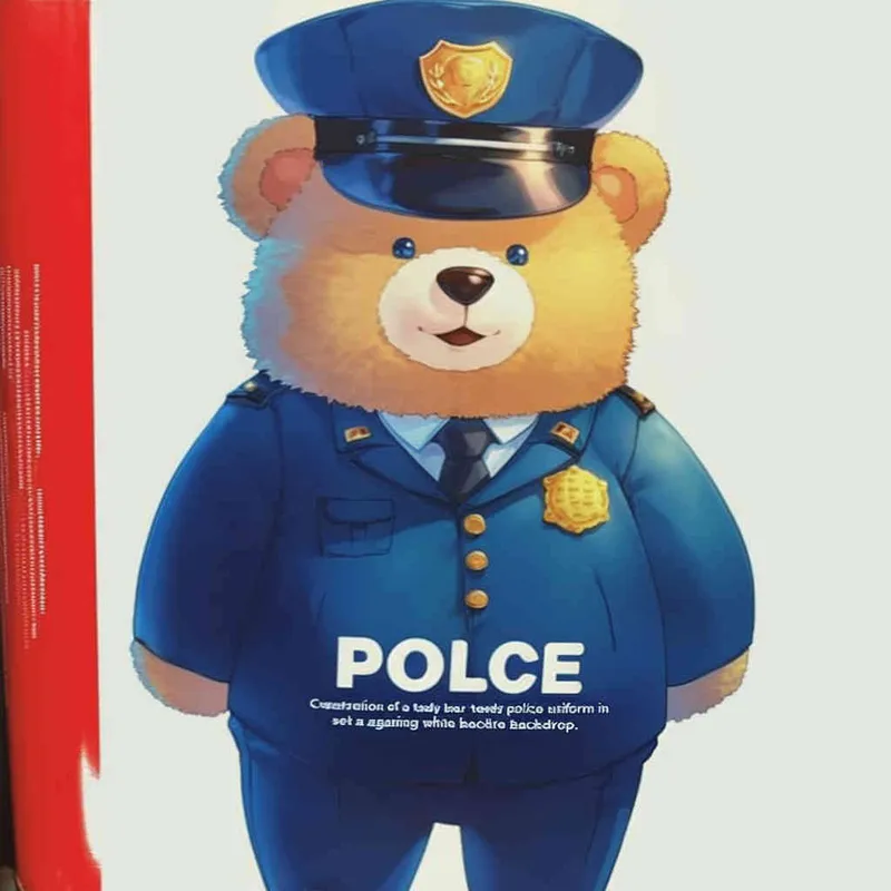 Draw a standing teddy bear in police uniform and hat, with a white background - style2部分