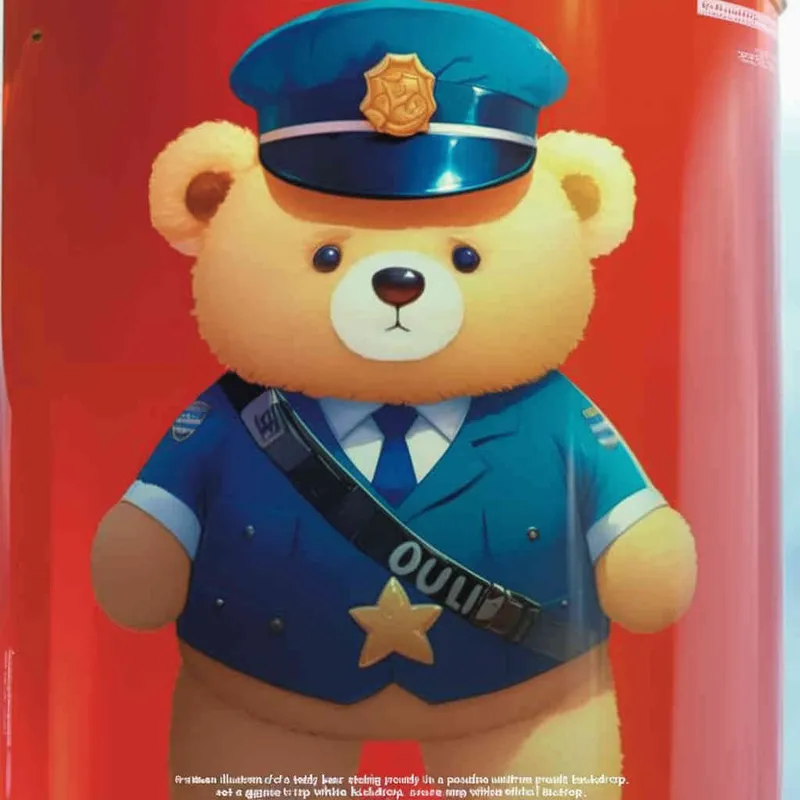 Draw a standing teddy bear in police uniform and hat, with a white background - style4部分