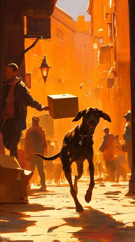 The delivery dog, with a package securely in its mouth, emerges from the bustling delivery center. Its tail wags excitedly as it steps onto the sidewalk, ready to embark on its journey. The morning sun casts a warm glow on the scene, highlighting the dog’s eager expression and the colorful surroundings., Photography, using a wide-angle lens to capture the dynamic street scene with crisp details, –ar 16:9 –v 5  –cref https://znrpa-s-1254076648.cos.accelerate.myqcloud.com/ai/thumb-mj-%5B33%5D-debbba5b-7.png –cw 0 – AI绘画作品展示 | Midjourney中文版生成
