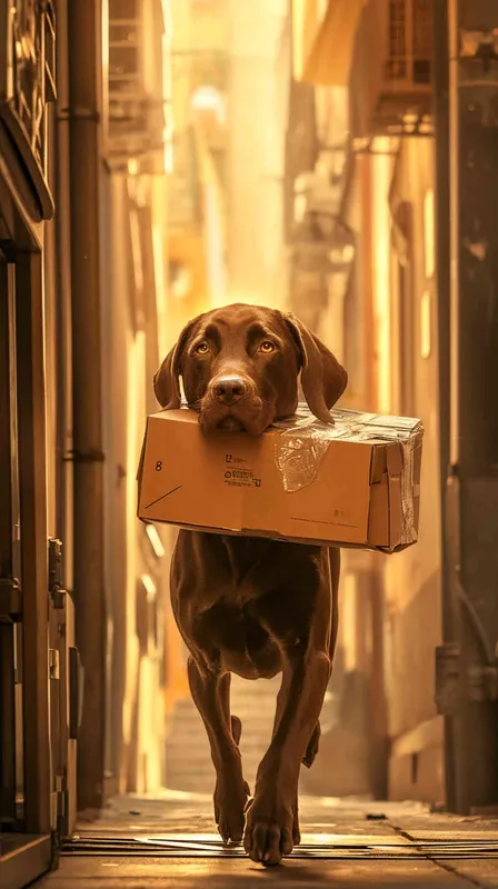 The delivery dog, with a package securely in its mouth, emerges from the bustling delivery center. Its tail wags excitedly as it steps onto the sidewalk, ready to embark on its journey. The morning sun casts a warm glow on the scene, highlighting the dog's eager expression and the colorful surroundings., Photography, using a wide-angle lens to capture the dynamic street scene with crisp details, --ar 16:9 --v 5  --cref https://znrpa-s-1254076648.cos.accelerate.myqcloud.com/ai/thumb-mj-%5B33%5D-debbba5b-7.png --cw 0 - style2部分