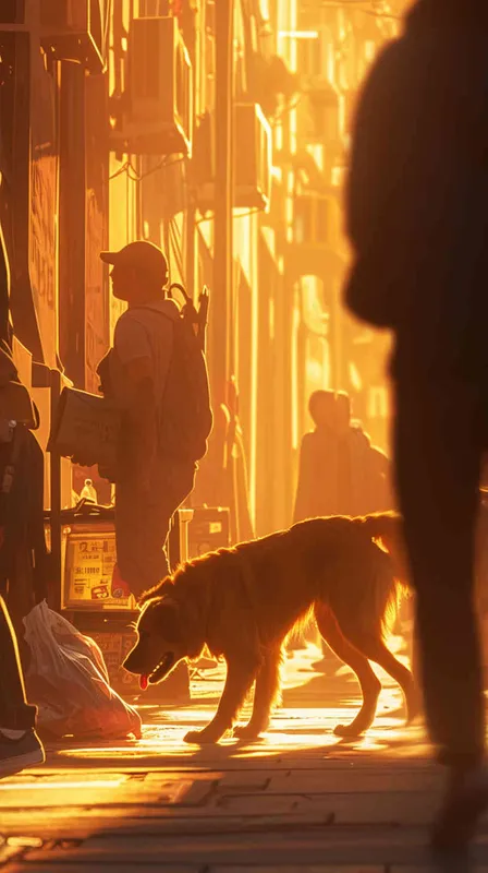 The delivery dog, with a package securely in its mouth, emerges from the bustling delivery center. Its tail wags excitedly as it steps onto the sidewalk, ready to embark on its journey. The morning sun casts a warm glow on the scene, highlighting the dog's eager expression and the colorful surroundings., Photography, using a wide-angle lens to capture the dynamic street scene with crisp details, --ar 16:9 --v 5  --cref https://znrpa-s-1254076648.cos.accelerate.myqcloud.com/ai/thumb-mj-%5B33%5D-debbba5b-7.png --cw 0 - style3部分
