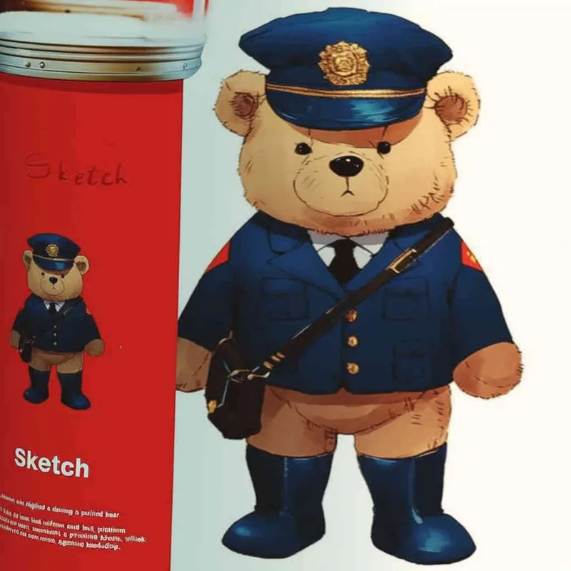Draw a standing teddy bear in police uniform and hat, wearing black leather boots with a white background - style1部分