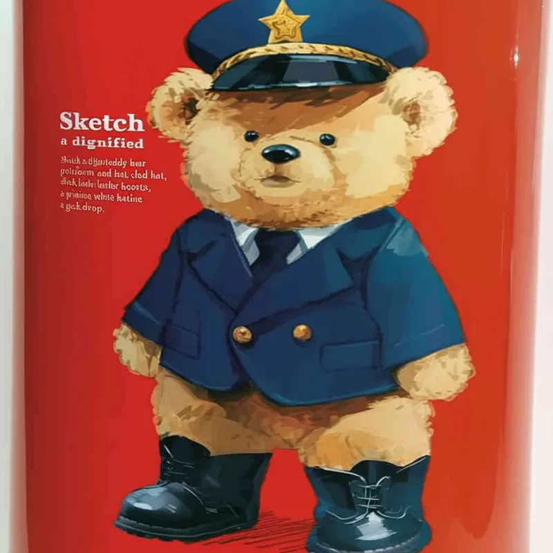 Draw a standing teddy bear in police uniform and hat, wearing black leather boots with a white background - style2部分