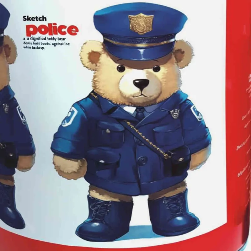 Draw a standing teddy bear in police uniform and hat, wearing black leather boots with a white background - style3部分