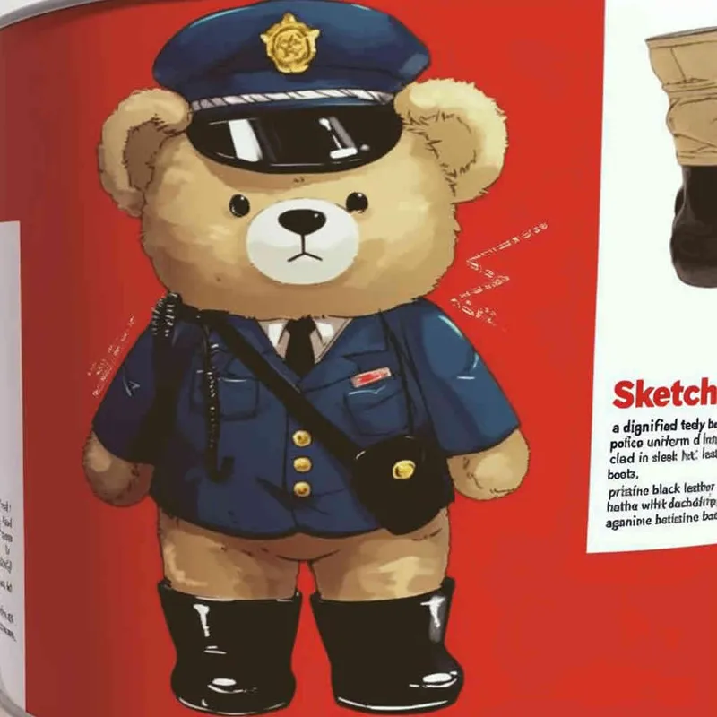 Draw a standing teddy bear in police uniform and hat, wearing black leather boots with a white background - style4部分