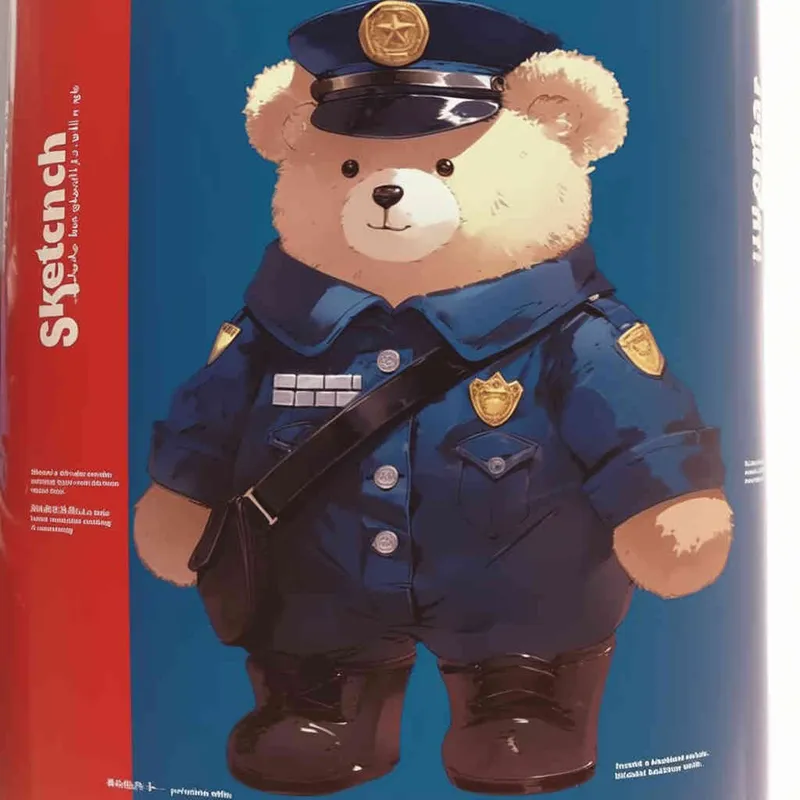 Draw a standing teddy bear in police uniform and hat, wearing black leather boots with a white background – AI绘画作品展示 | Midjourney中文版生成