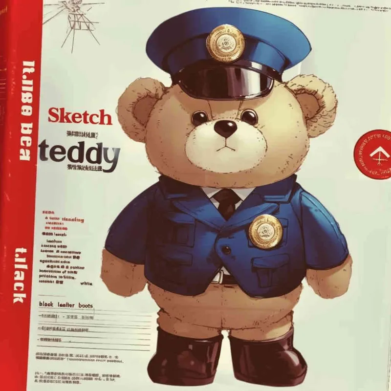 Draw a standing teddy bear in police uniform and hat, wearing black leather boots with a white background - style2部分