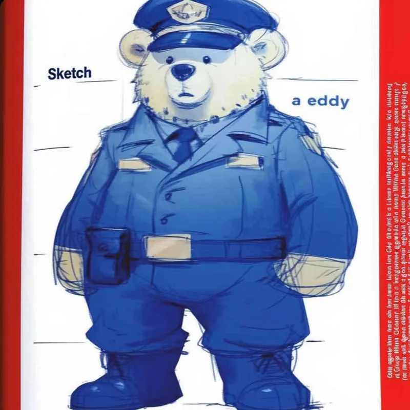 Draw a standing teddy bear in police uniform and hat, wearing black leather boots with a white background - style3部分