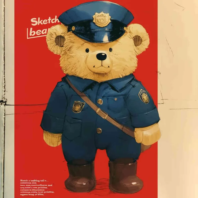 Draw a standing teddy bear in police uniform and hat, wearing black leather boots with a white background - style4部分