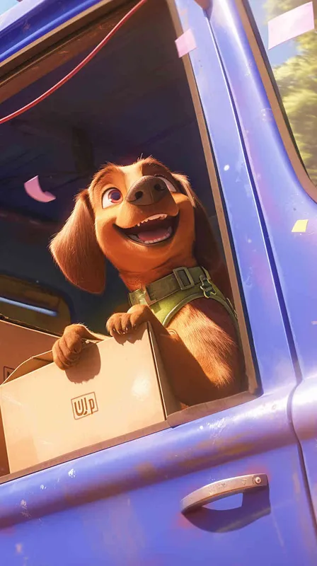 A Pixar 3D rendering of a delivery dog leaving the delivery center with a package, reminiscent of the animation style of "Up." The scene is portrayed with vibrant colors and smooth textures, creating a lively and immersive environment. Facial expression: the dog displays excitement and determination. Soft, natural lighting adds warmth to the scene. --v 5 --stylize 1000 --cref https://znrpa-s-1254076648.cos.accelerate.myqcloud.com/ai/thumb-mj-%5B33%5D-debbba5b-7.png --cw 0 - AI绘画作品展示 | Midjourney中文版生成