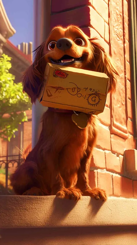 A Pixar 3D rendering of a delivery dog leaving the delivery center with a package, reminiscent of the animation style of "Up." The scene is portrayed with vibrant colors and smooth textures, creating a lively and immersive environment. Facial expression: the dog displays excitement and determination. Soft, natural lighting adds warmth to the scene. --v 5 --stylize 1000 --cref https://znrpa-s-1254076648.cos.accelerate.myqcloud.com/ai/thumb-mj-%5B33%5D-debbba5b-7.png --cw 0 - AI绘画作品展示 | Midjourney中文版生成