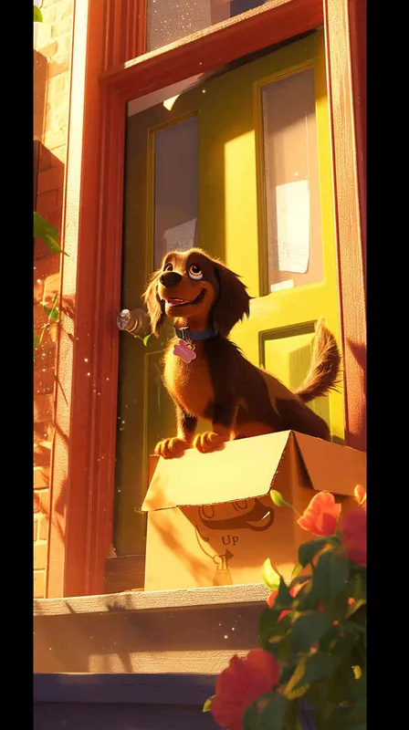 A Pixar 3D rendering of a delivery dog leaving the delivery center with a package, reminiscent of the animation style of "Up." The scene is portrayed with vibrant colors and smooth textures, creating a lively and immersive environment. Facial expression: the dog displays excitement and determination. Soft, natural lighting adds warmth to the scene. --v 5 --stylize 1000 --cref https://znrpa-s-1254076648.cos.accelerate.myqcloud.com/ai/thumb-mj-%5B33%5D-debbba5b-7.png --cw 0 - AI绘画作品展示 | Midjourney中文版生成