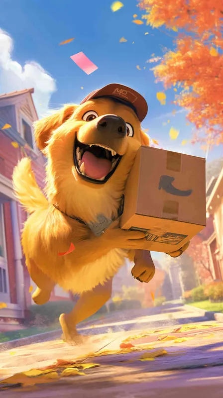 A Pixar 3D rendering of a delivery dog leaving the delivery center with a package, reminiscent of the animation style of 