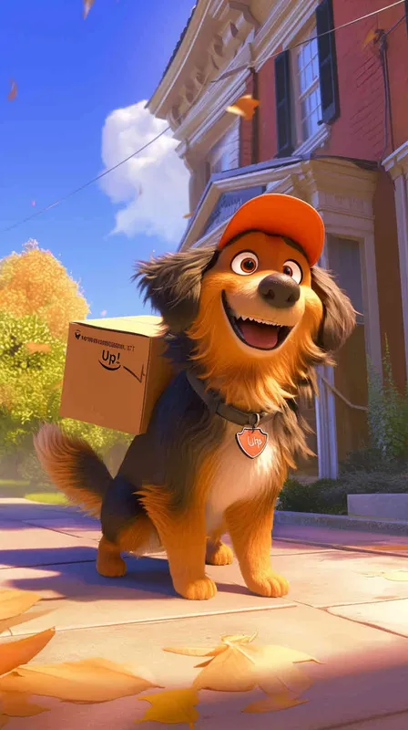 A Pixar 3D rendering of a delivery dog leaving the delivery center with a package, reminiscent of the animation style of 