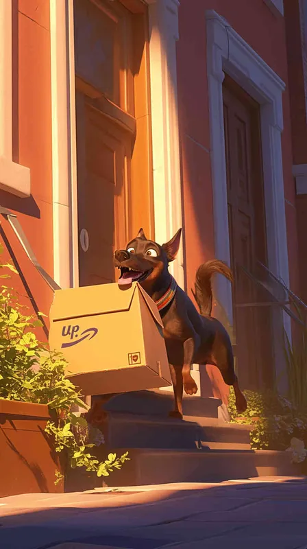 A Pixar 3D rendering of a delivery dog leaving the delivery center with a package, reminiscent of the animation style of 