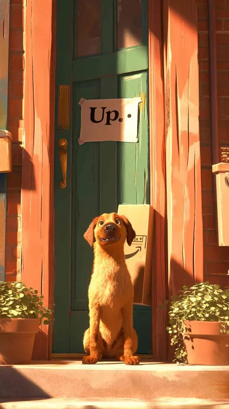A Pixar 3D rendering of a delivery dog leaving the delivery center with a package, reminiscent of the animation style of 