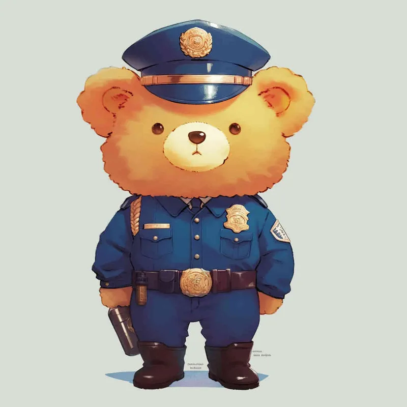 Draw a standing teddy bear in police uniform and hat, wearing black leather boots with a white background - style1部分