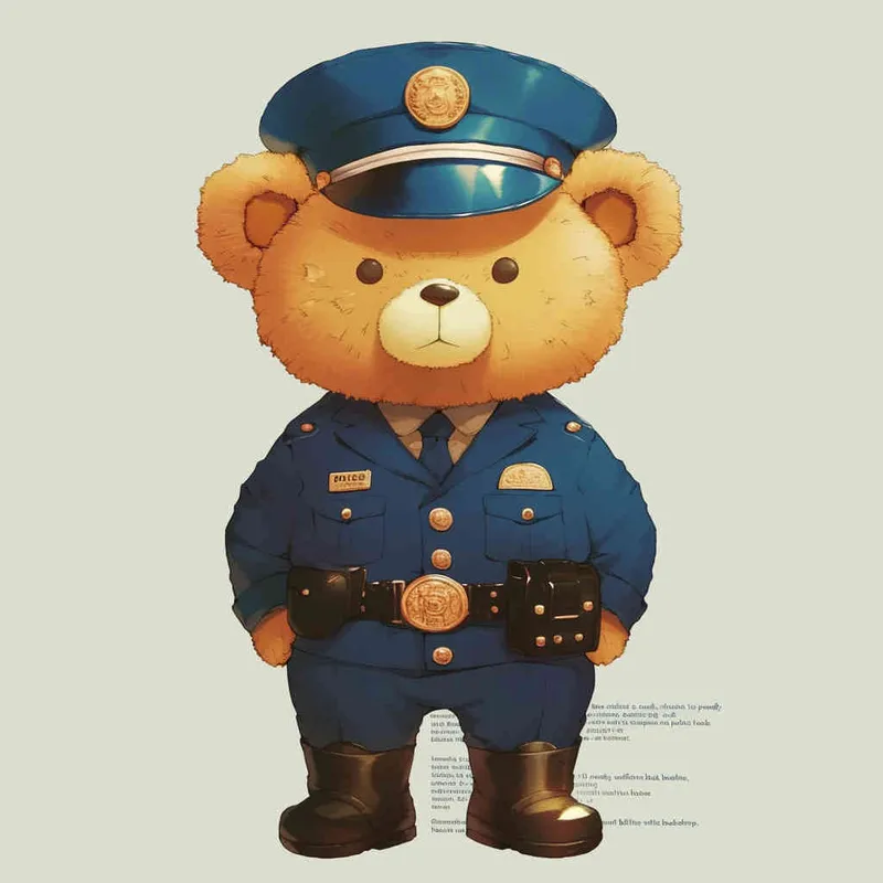 Draw a standing teddy bear in police uniform and hat, wearing black leather boots with a white background - style2部分