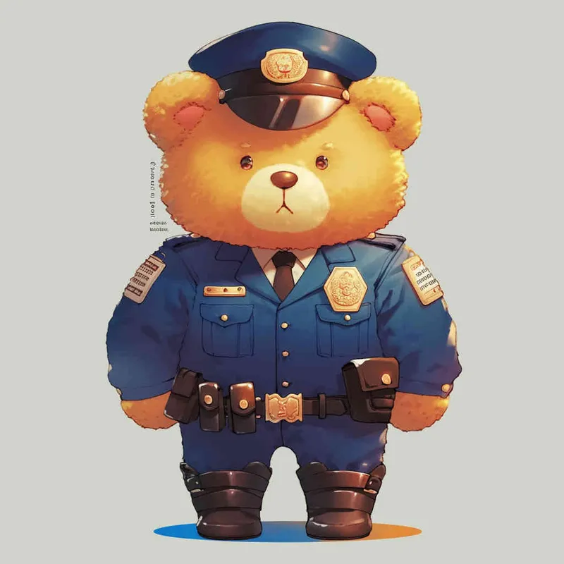 Draw a standing teddy bear in police uniform and hat, wearing black leather boots with a white background - style3部分