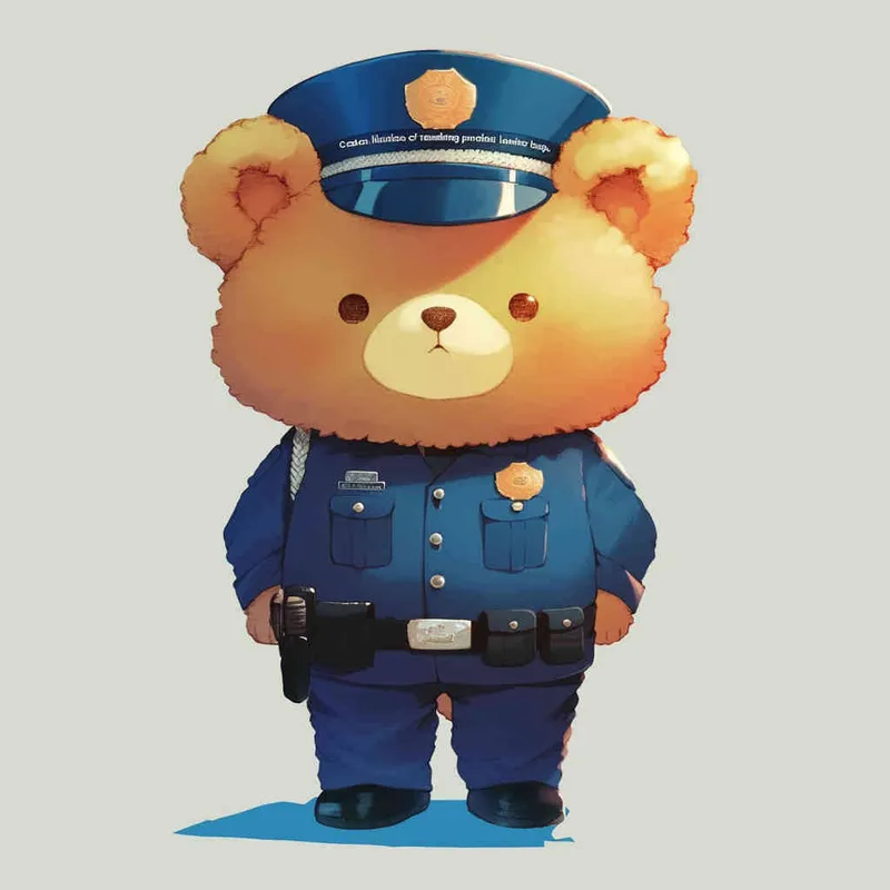Draw a standing teddy bear in police uniform and hat, wearing black leather boots with a white background - style4部分