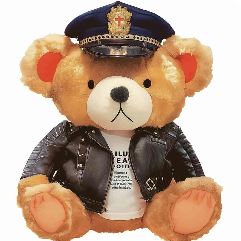 Draw a sitting teddy bear, wearing a leather jacket and police cap, with a white background - style1部分