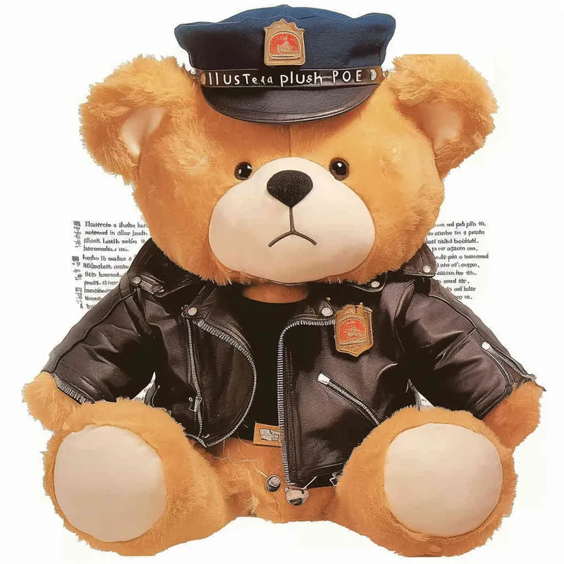 Draw a sitting teddy bear, wearing a leather jacket and police cap, with a white background - style2部分