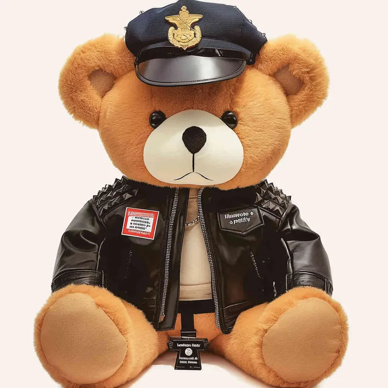Draw a sitting teddy bear, wearing a leather jacket and police cap, with a white background - style4部分