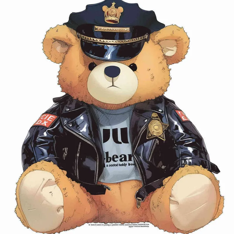 Draw a sitting teddy bear, wearing a leather jacket and police cap, with a white background - style2部分