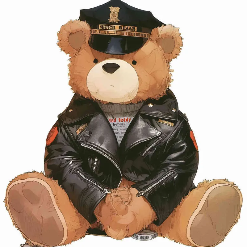 Draw a sitting teddy bear, wearing a leather jacket and police cap, with a white background - style3部分