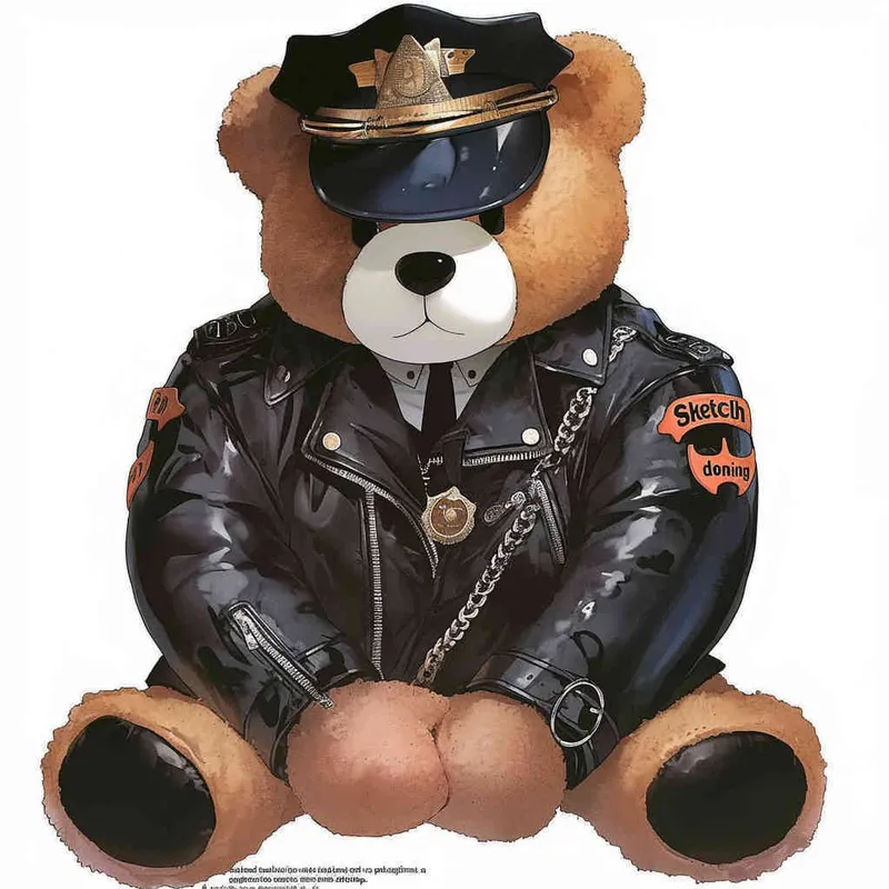 Draw a sitting teddy bear, wearing a leather jacket and police cap, with a white background - style4部分