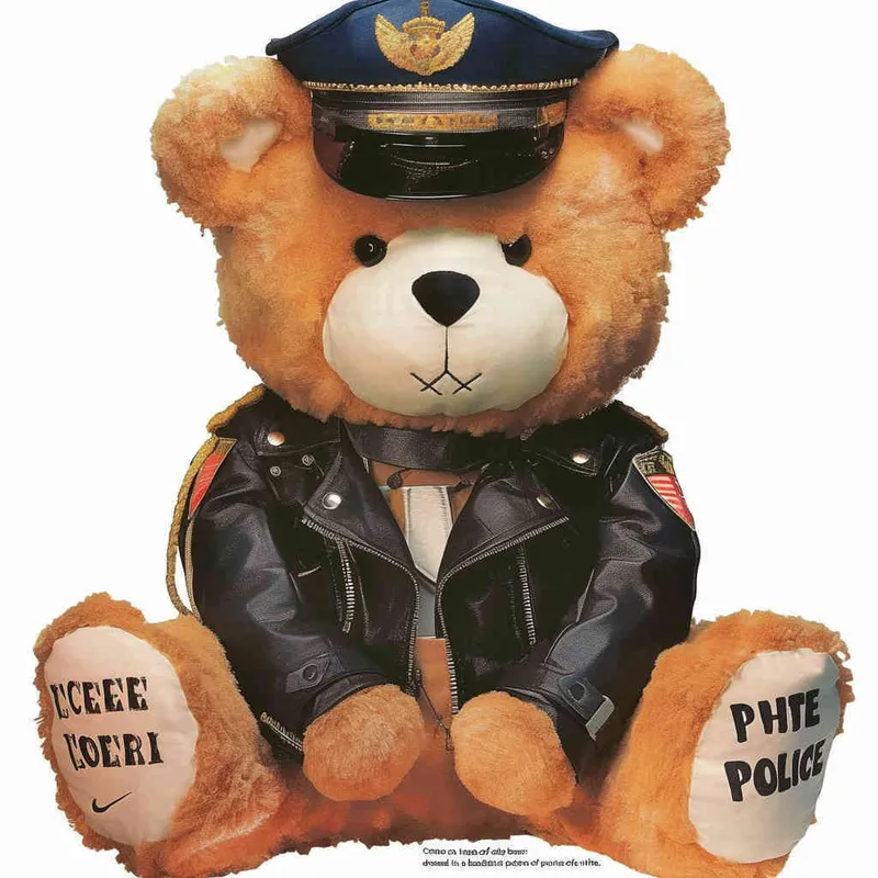 Draw a sitting teddy bear, wearing police uniform and hat, with a white background - style3部分