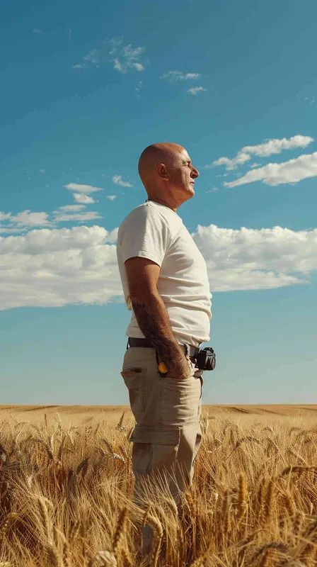 From a bird's eye view, in the vast expanse of a wheat field, on the right side of the scene stands a cool 40-year-old bald man. He is wearing a white t-shirt and work pants, striking a pose with his profile facing left. In his hands, he holds a camera with a very long lens, capturing a distant shot. The style is reminiscent of American comic book heroes, with a sculptural quality enhanced by cinematic lighting. The image is rendered in stunning 8k resolution, with incredibly realistic details. The aspect ratio is 16:9. - AI绘画作品展示 | Midjourney中文版生成