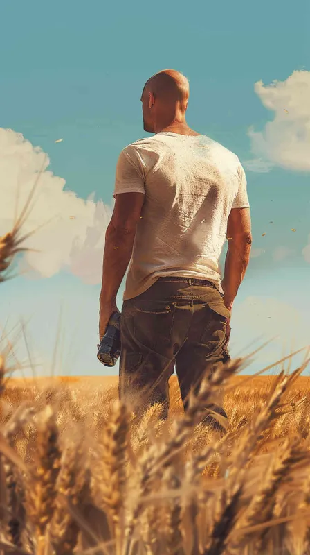 From a bird's eye view, in the vast expanse of a wheat field, on the right side of the scene stands a cool 40-year-old bald man. He is wearing a white t-shirt and work pants, striking a pose with his profile facing left. In his hands, he holds a camera with a very long lens, capturing a distant shot. The style is reminiscent of American comic book heroes, with a sculptural quality enhanced by cinematic lighting. The image is rendered in stunning 8k resolution, with incredibly realistic details. The aspect ratio is 16:9. - AI绘画作品展示 | Midjourney中文版生成
