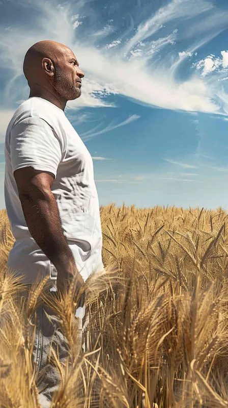 From a bird's eye view, in the vast expanse of a wheat field, on the right side of the scene stands a cool 40-year-old bald man. He is wearing a white t-shirt and work pants, striking a pose with his profile facing left. In his hands, he holds a camera with a very long lens, capturing a distant shot. The style is reminiscent of American comic book heroes, with a sculptural quality enhanced by cinematic lighting. The image is rendered in stunning 8k resolution, with incredibly realistic details. The aspect ratio is 16:9. - AI绘画作品展示 | Midjourney中文版生成