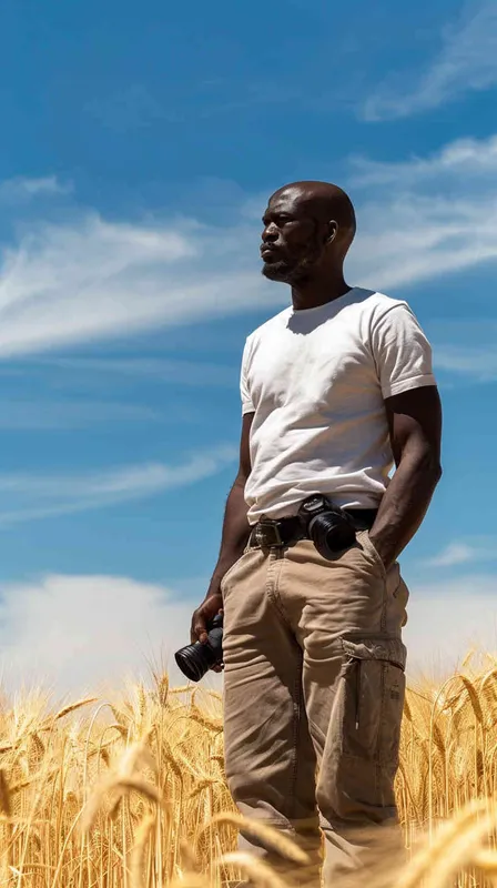 From a bird's eye view, in the vast expanse of a wheat field, on the right side of the scene stands a cool 40-year-old bald man. He is wearing a white t-shirt and work pants, striking a pose with his profile facing left. In his hands, he holds a camera with a very long lens, capturing a distant shot. The style is reminiscent of American comic book heroes, with a sculptural quality enhanced by cinematic lighting. The image is rendered in stunning 8k resolution, with incredibly realistic details. The aspect ratio is 16:9. - AI绘画作品展示 | Midjourney中文版生成