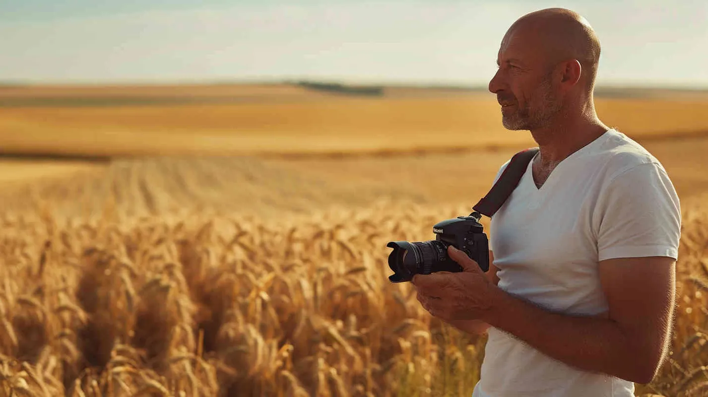 From a bird's eye view, in the vast expanse of a wheat field, on the right side of the scene stands a cool 40-year-old bald man. He is wearing a white t-shirt and work pants, striking a pose with his profile facing left. In his hands, he holds a camera with a very long lens, capturing a distant shot. The style is reminiscent of American comic book heroes, with a sculptural quality enhanced by cinematic lighting. The image is rendered in stunning 8k resolution, with incredibly realistic details. The aspect ratio is 16:9. - AI绘画作品展示 | Midjourney中文版生成
