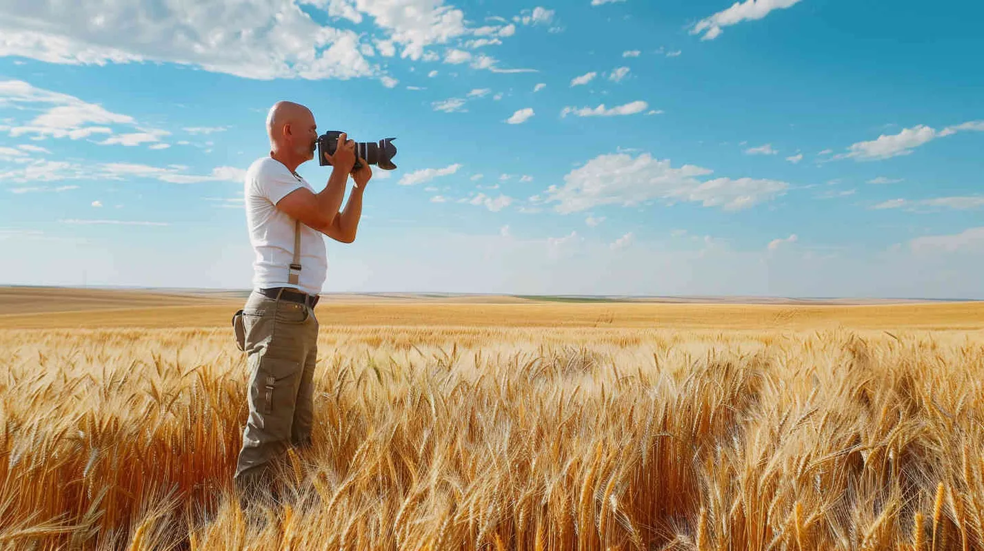 From a bird's eye view, in the vast expanse of a wheat field, on the right side of the scene stands a cool 40-year-old bald man. He is wearing a white t-shirt and work pants, striking a pose with his profile facing left. In his hands, he holds a camera with a very long lens, capturing a distant shot. The style is reminiscent of American comic book heroes, with a sculptural quality enhanced by cinematic lighting. The image is rendered in stunning 8k resolution, with incredibly realistic details. The aspect ratio is 16:9. - AI绘画作品展示 | Midjourney中文版生成