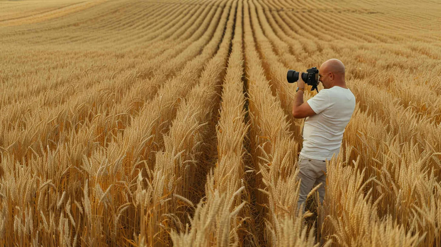 From a bird's eye view, in the vast expanse of a wheat field, on the right side of the scene stands a cool 40-year-old bald man. He is wearing a white t-shirt and work pants, striking a pose with his profile facing left. In his hands, he holds a camera with a very long lens, capturing a distant shot. The style is reminiscent of American comic book heroes, with a sculptural quality enhanced by cinematic lighting. The image is rendered in stunning 8k resolution, with incredibly realistic details. The aspect ratio is 16:9. - AI绘画作品展示 | Midjourney中文版生成