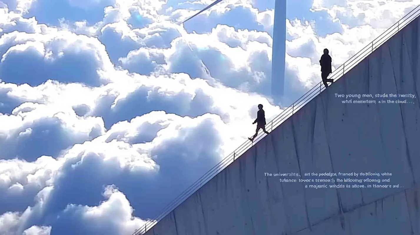 Two male college students are running on the overpass, with layers of white clouds in the background and a wind turbine  - style1部分